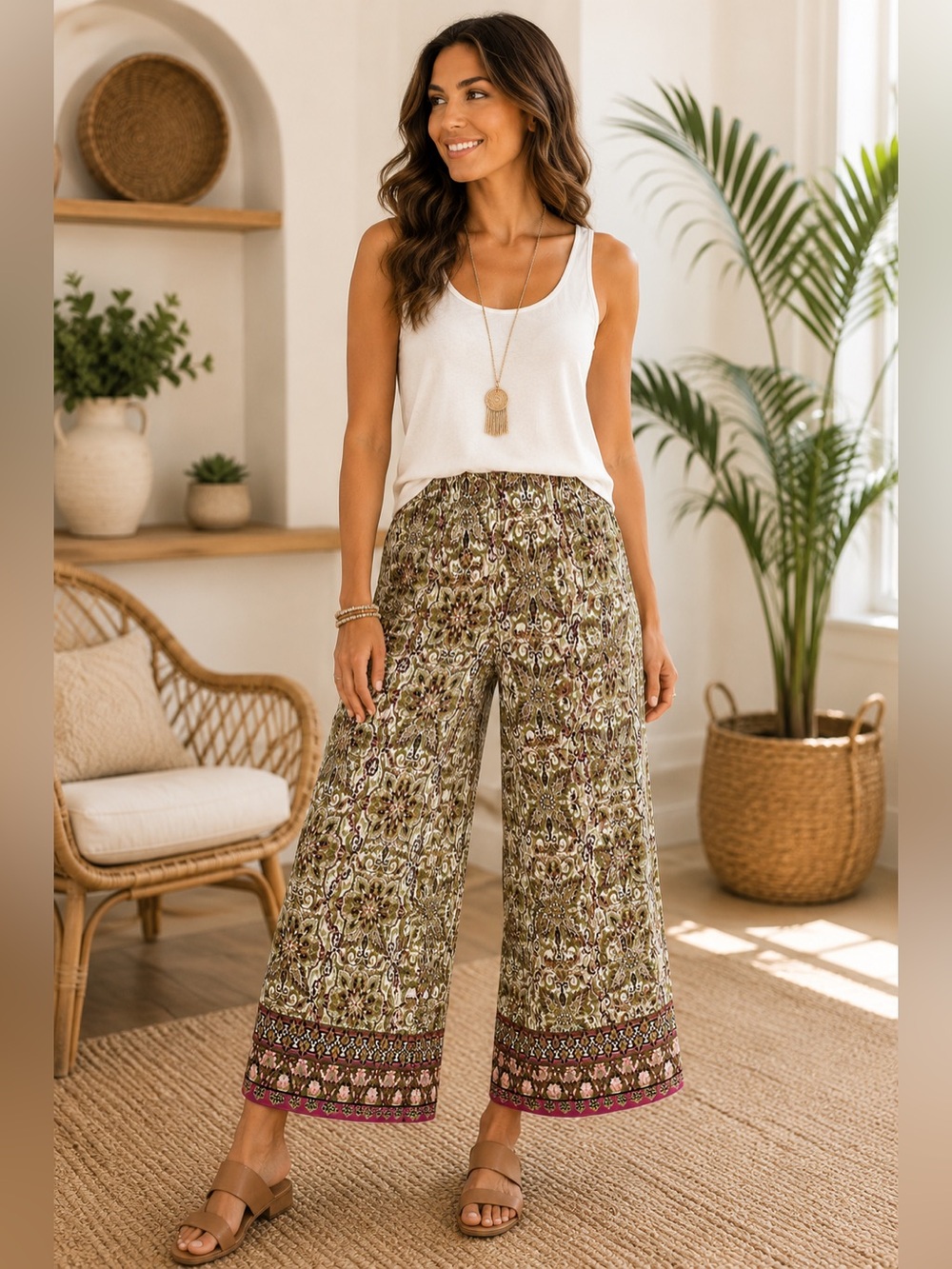 77 Park Printed Wide Leg Crop Pants Boho Palazzo Pull On Size Medium